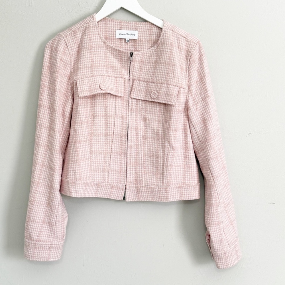 JACQUIE THE LABEL Women’s Pink White Tweed Bouclé Cropped Zip Jacket Size Large
